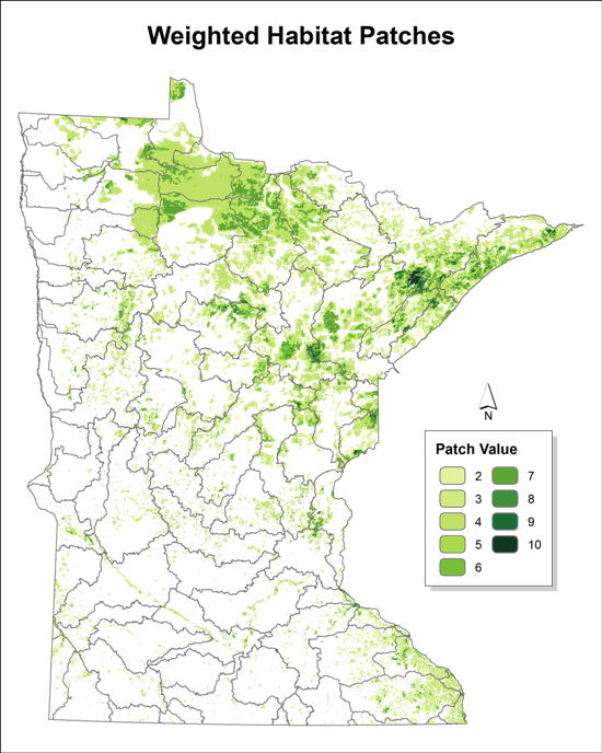 weighted habitat patches across minnesota, ranging from a patch value of 2 to 10